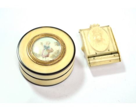 A 19th century ivory and tortoiseshell circular box inset with a glazed plaque to the detachable lid painted with a young fem