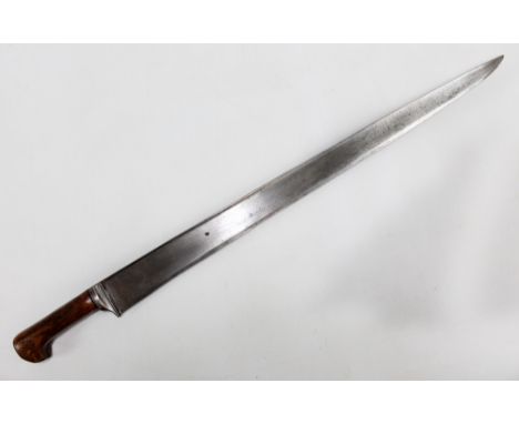 A 19th century Khyber knife, the tapered blade with broad back to wooden grip, blade length 58.5cm, lacking scabbard.&nbsp;Ad