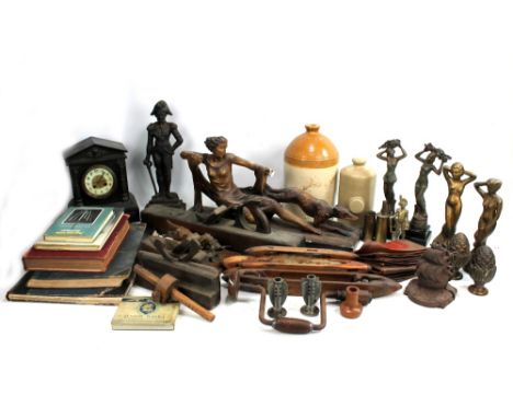 A mixed lot of items including planes, shuttles, black slate mantel clock (af), various metal figures including running dog w