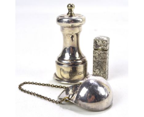 MAPPIN &amp; WEBB; an Elizabeth II hallmarked silver pepper grinder, Sheffield 1961, height 9cm, a Victorian square sectioned