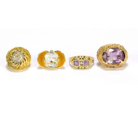 An 18ct yellow gold ring with wrythen textured mount, size G, approx 10.4g, two 14ct yellow gold rings (approx 13.7g), and a 