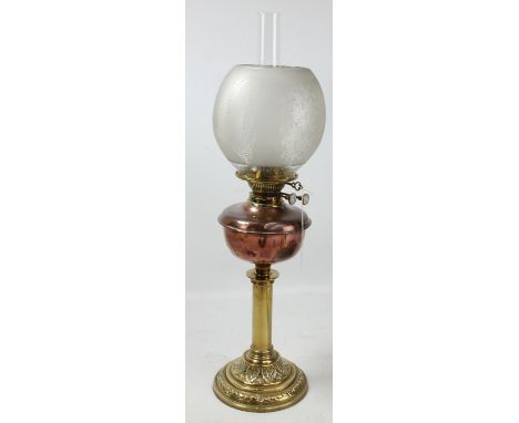 A late Victorian copper and brass oil lamp with detailed decoration to the base and etched globular shade, height including c