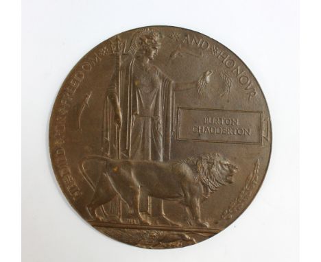 A WWI Remembrance Plaque awarded to Burton Chadderton with photograph inscribed to reverse 'Pte B Chadderton (275751) No. 286
