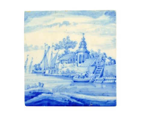 A decorative tin glazed ceramic square section tile painted with a Dutch port scene, 12.5 x 12.5cm.
