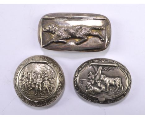 An early 20th century Dutch silver oval snuff box embossed with shepherd, cows, dog and a sheep, Schoonhoven, 1920, a further