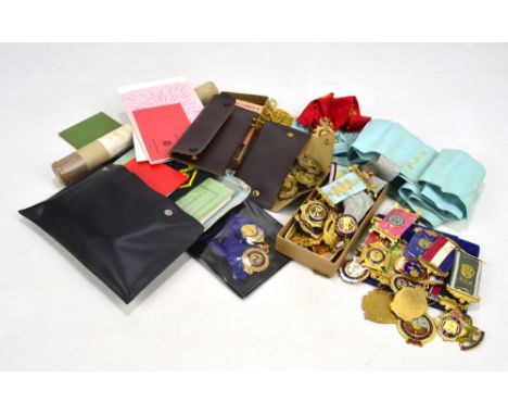 A collection of Royal Antediluvian Order of Buffaloes gilt metal and enamel jewels, sash and various paperwork.
