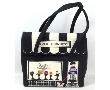 LULU GUINNESS; a black and white vintage wool and embroidered 'Hat Shop' handbag with two straps, width 32cm, and original du