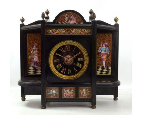 A good late 19th century French black slate mantel clock with painted panels, shaped case and circular dial set with Roman nu