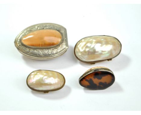 A Victorian electroplated base metal mounted shell snuff box engraved with scrolls and floral motifs, length 7cm, and a small