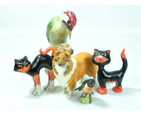 BESWICK; a figure of a woodpecker, no. 1218, a Beswick dog 'Lochinvar Of Ladypark', a Beswick stonechat and two Laura Bailey 