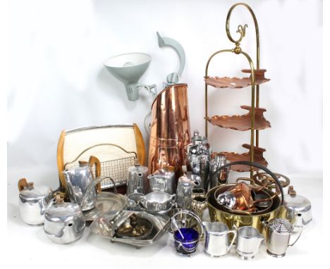 A mixed group of metalware including Tudric and Civic hammered pewter, Picquot Ware, brass pan, copper teapot, a copper and b