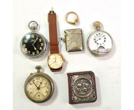 A mixed lot including a Swiss silver open faced crown wind eight day pocket watch, a Siro chromed shock proof example, an Aeo