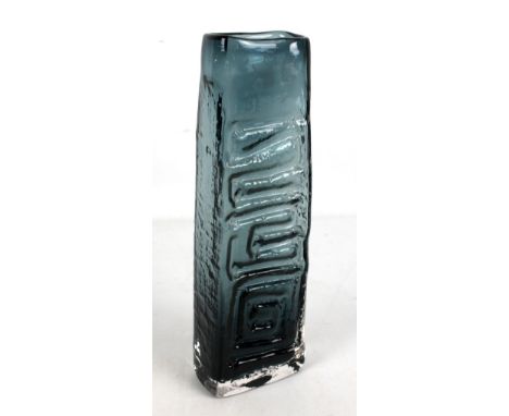 GEOFFREY BAXTER FOR WHITEFRIARS; an indigo glass 'Totem' vase with Greek Key and textured detail, height 26cm.Additional Info