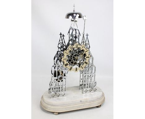 A Gothic Revival skeleton clock with later chromed finish and fusée movement, the chapter ring set with Roman numerals, on st