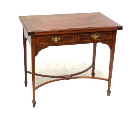 An Edwardian inlaid mahogany card table with folding top above two drawers on square tapering stretchered supports,&nbsp;91 x