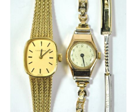 LONGINES; a lady's 9ct yellow gold mechanical bracelet watch, the oval dial set with baton numerals, diameter excluding windi