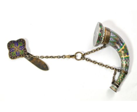 SAMPSON MORDAN & CO OF LONDON; a Victorian gilt metal and champlevé enamel decorated horn shaped vinaigrette, the hinged lid 