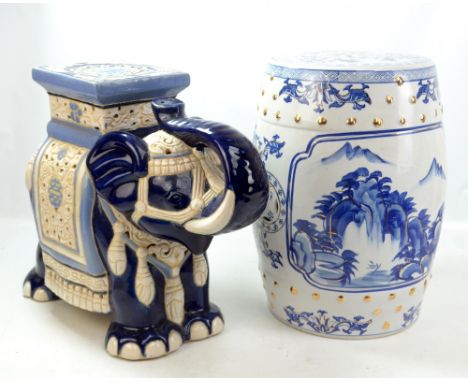 Two Chinese-style ceramic garden seats in the forms of elephant and barrel respectively, height of former 43cm (2).&nbsp;