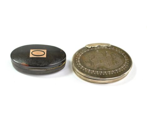 A George III white metal oval snuff box with tortoiseshell lid, yellow and white metal inlaid architectural landscape within 
