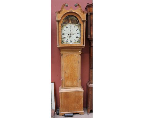 J THOMSON, DUMFRIES; an early 19th century oak eight day longcase clock, the broken swan neck pediment above arched painted a