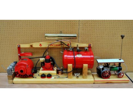 A scratch built compressor with Crompton Parkinson A.C. motor and British Safety Stove Co Ltd boiler on pine base and a Mamod