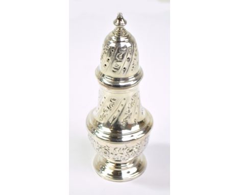 TSC; an Elizabeth II hallmarked silver sugar caster with engraved and repoussé foliate decoration, with knopped finial, Londo