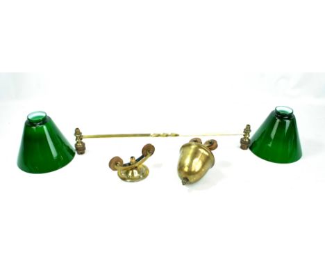 A brass rise and fall ceiling light with green and white opaque glass shades (fittings lacking holding shades in place).