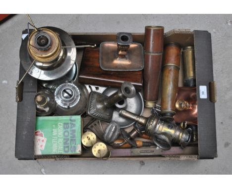 A mixed lot of collectors' items including a pair of miniature miner's safety lamps, three telescopes, oil lamp, chamber stic