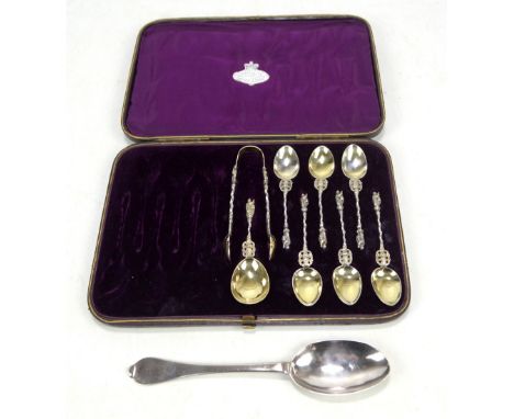 A cased part set of Victorian hallmarked silver spoons with sugar tongs and caddy spoon, Birmingham 1894 and an 18th century 