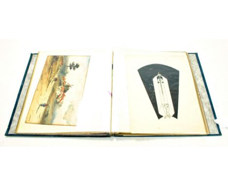 A folio of watercolours, etchings and ink sketches to include a watercolour depicting figural landscape with mill, signed W M