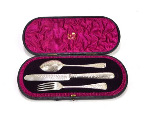 HOLLAND, ALDWINCKLE &amp; SLATER; a cased Victorian hallmarked silver christening set, comprising foliate engraved fork and s