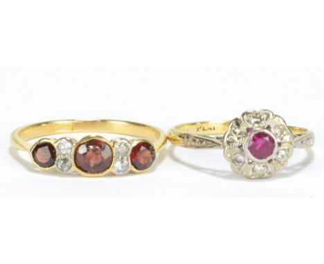 An 18ct yellow gold pink topaz and diamond floral cluster ring, size P, and a further 18ct yellow gold dress ring, size Q, co