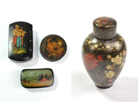 Three 19th century&nbsp;papier-mâché snuff boxes to include a circular example, the detachable lid transfer decorated with sc