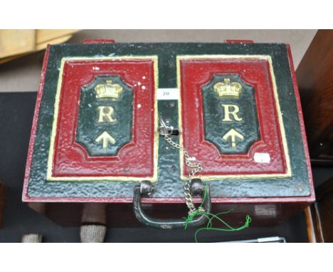 A maroon painted twin handled cast iron document box with gilt detail and 'R' beneath crown to the twin panels, width 45cm.Ad