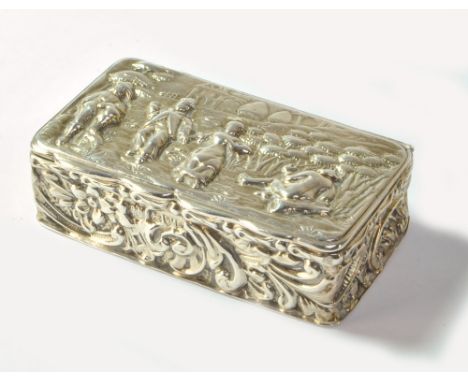 NATHAN &amp; HAYES; an Edward VII hallmarked silver snuff box embossed with figural garden scene to the hinged lid and with f