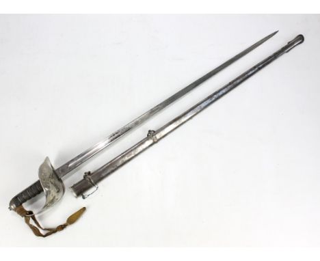 An Edward VII heavy infantry officer's dress sword, the fullered blade with etched foliate decoration and royal cipher, signe