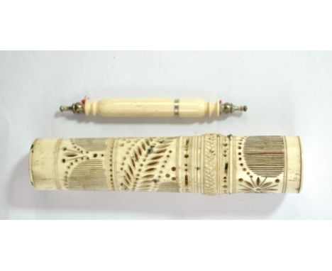 A Prisoner of War bone cylindrical box with screw cap, height 13.5cm, containing a matched pick-a-stick set, and a bone base 