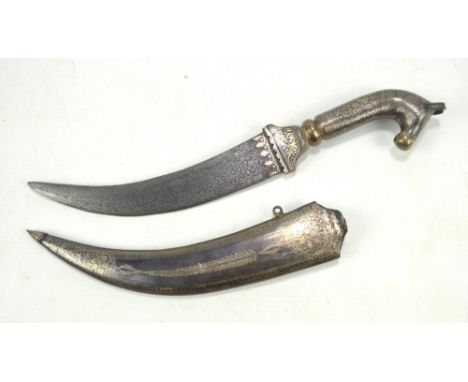 An Indo-Persian dagger with curved damascened blade and silver coloured decoration to hilt with horse's head pommel, blade le