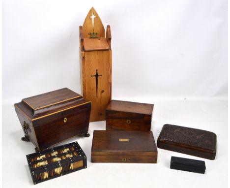 A group of boxes to include an Indian two sectioned cigarette box carved and pressed with birds amongst floral motifs, a porc