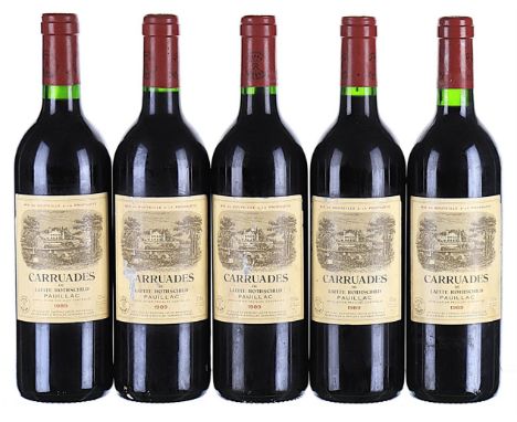 1989 Carruades de Lafite, Pauillac 5x75cl   Labels soiled, torn, and scuffed, ex-OWC.Previously owned by a winner of the Blue