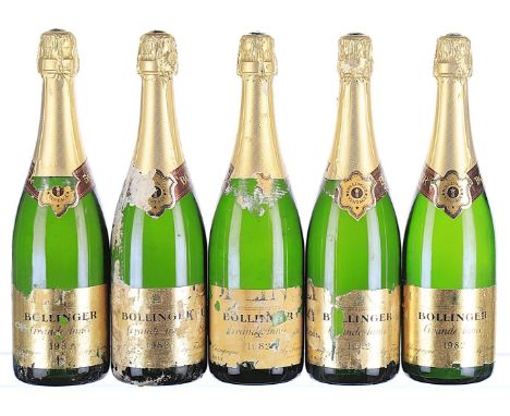 1982 Bollinger, La Grande Annee 5x75cl  Good colour and 1.5cm reverse ullage, labels badly damp-soiled and damaged, 2 with re