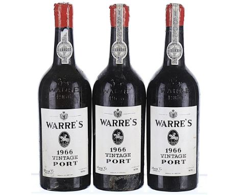 1966 Warre's, Vintage Port 3x75cl  Labels lightly bin-soiled, neck strip torn, capsules showing signs of old seepage.  Condit