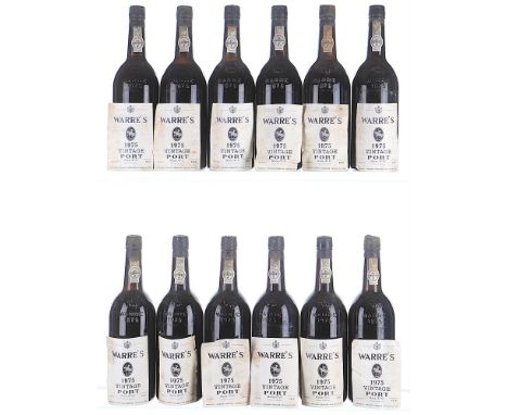 1975 Warre's, Vintage Port 12x75clLevels 1 HS, 1 VTS, rest BN or better, labels slightly stained, 2 torn, all detached, capsu