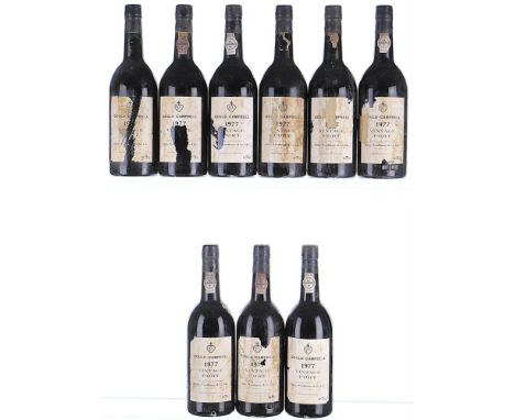 1977 Gould Campbell, Vintage Port  9x75cl   6 capsules showing signs of corrosion, corks not exposed, labels soiled and badly