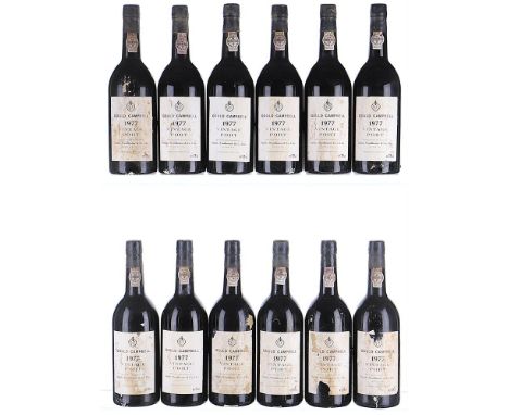 1977 Gould Campbell, Vintage Port  12x75clLabels soiled, damp-stained and torn, 7 capsules showing signs of corrosion, cork n