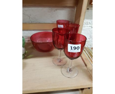 SET OF 4 RUBY GLASSES AND SUGAR BOWL