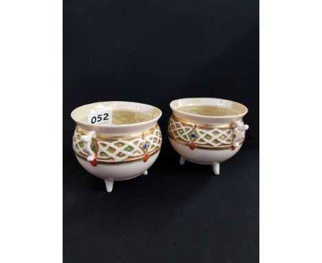 PAIR OF BELLEEK 2ND PERIOD CELTIC COLOURED DESIGNED CAULDRONS HEIGHT 8CMS DIAMETER 8.5 CMS