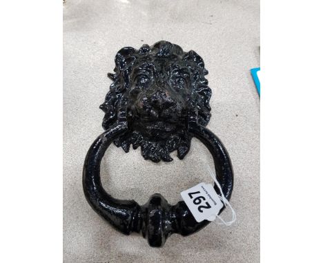 ANTIQUE BLACK CAST IRON LIONS HEAD DOOR KNOCKER 