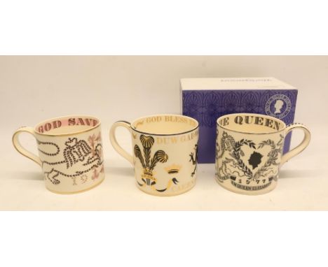 Three Wedgwood commemorative mugs designed by Richard Guyatt incl, commemoration of the Coronation of Queen Elizabeth the II,