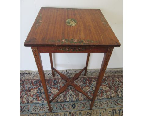 Edwardian Adam Revival satinwood occasional table, the top painted with rose sprays around a central portrait medallion, squa